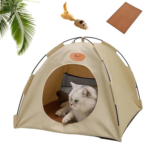 Premium Katzen Kuhlzelt, Pfotenbedarf Portable Cooling Tent for Cats Made, Removable Tent with Cooling Bed Mat for Pets, Dogs, Travel, Cats, Indoor(Cremeweiß,S) von Yagerod