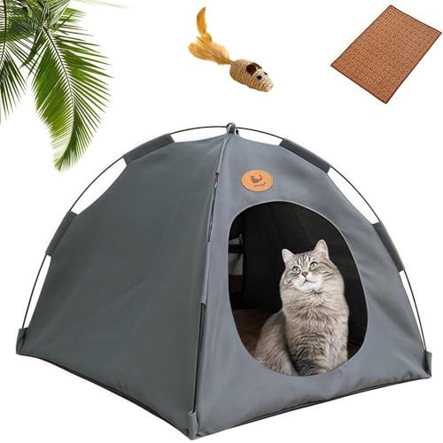 Premium Katzen Kuhlzelt, Pfotenbedarf Portable Cooling Tent for Cats Made, Removable Tent with Cooling Bed Mat for Pets, Dogs, Travel, Cats, Indoor(Grau,S) von Yagerod