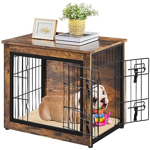 Yaheetech Hundekäfig Holz, Hundebox im Möbelstil, Haustierkäfig mit 2 Türen & Kissen, Moderne Hundehütte für kleine/mittelgrosse Hunde bis zu 61 kg, 69x51x61 cm, Braun von Yaheetech