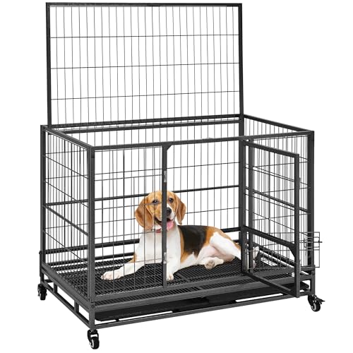 Yaheetech Hundekäfig hochbelastbar, transportabler Haustierkäfig, 106x65x81 cm, Gitter Hundebox mit Doppeltüren & Rollen, Transportbox bis 53 kg, für mittelgroße/große Hunde, Schwarz von Yaheetech