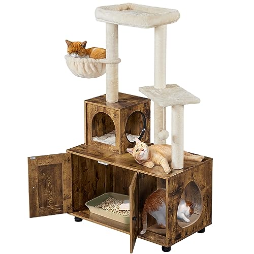 Yaheetech Katzenbaum mit Katzenklo Schrank, 134,5 cm hoch, All-in-One Kratzbaum mit Höhle Plattform Liegemulde, Katzenschrank für Katzentoilette, Vintagebraun-Beige von Yaheetech