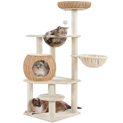 Yaheetech Kratzbaum, 137,5cm Rattan Katzenbaum für große Katze, Stabiler Kletterbaum mit Katzenhaus waschbare Kissen Korb Sisalstämme, Beige von Yaheetech