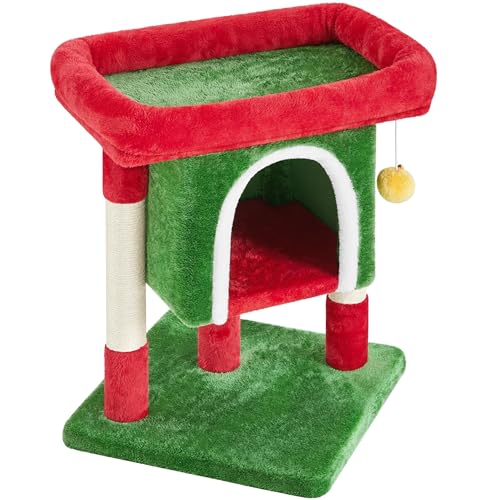 Yaheetech Kratzbaum 60 cm Kleiner Katzenkratzbaum, mit Katzenhöhle Plüsch Sisal, Katzenbaum Katzenmöbel Spielbaum für kleine Katzen, Rot & Grün von Yaheetech