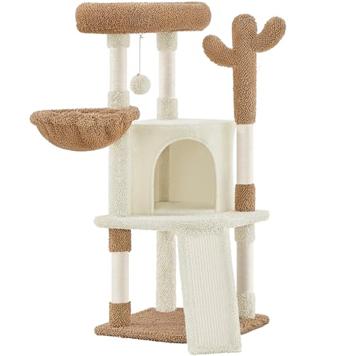 Yaheetech Kratzbaum Kaktus Höhe 106,5 cm, Stabiler Katzenbaum Kletterbaum mit Aussichtsplattform Katzenhöhle Liegemulde Sisalstämme Beige & Braun von Yaheetech