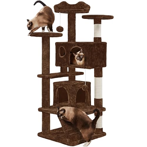 Yaheetech Kratzbaum Kletterbaum 137cm hoch Katzenkratzbaum, Stabiler Katzenbaum mit 3 Plattformen, 3 Kratzsäulen, 2 Höhle, Plüschbälle Katzenmöbel, Braun von Yaheetech