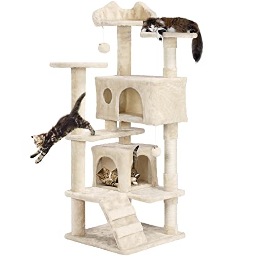 Yaheetech Kratzbaum Stabiler Katzenbaum Katzenkratzbaum Katzenmöbel, Kletterbaum für Katzen Höhe 137 cm, Beige von Yaheetech