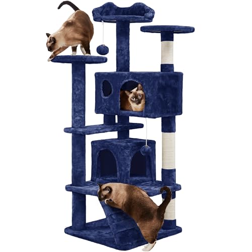 Yaheetech Kratzbaum Stabiler Katzenbaum Katzenkratzbaum Katzenmöbel, Kletterbaum für Katzen Höhe 137 cm, Marineblau von Yaheetech