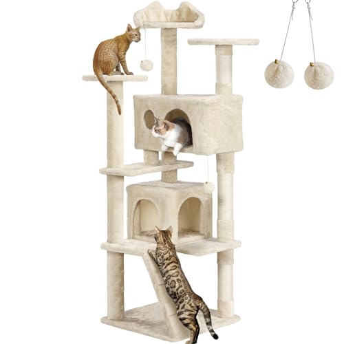 Yaheetech Kratzbaum Stabiler Katzenbaum Katzenkratzbaum Katzenmöbel, Kletterbaum für Katzen Höhe 158 cm, Beige von Yaheetech