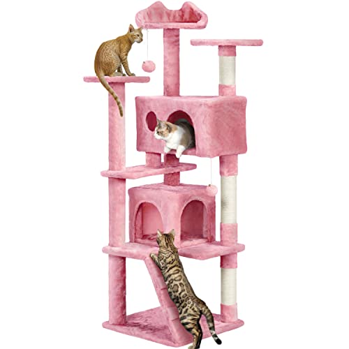 Yaheetech Kratzbaum Stabiler Katzenbaum Katzenkratzbaum Katzenmöbel, Kletterbaum für Katzen Höhe 158 cm, Rosa von Yaheetech