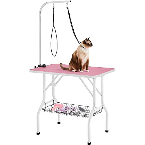Yaheetech Tragbarer Haustierpflegetisch Hundepflegetisch für Haushaltsbaden, Haartrocken und Haarschneiden Trimmtisch mit Netzkorb für Hunde/Katzen, schwarz, höhenverstellbar Rosa von Yaheetech