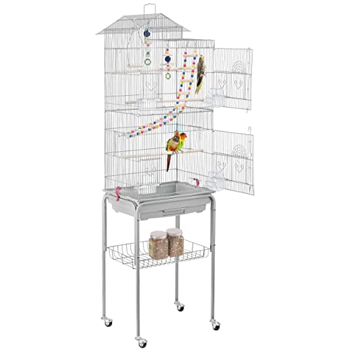 Yaheetech Vogelkäfig Wellensittich Kanarien Käfig mit Vogelspielzeug mit Ständer 46 x 35,5 x 158,5 cm Hellgrau von Yaheetech