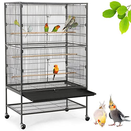 Yaheetech Vogelvoliere großer Vogelkäfig mit 2 Türen Vogelhaus mit Holzstangen und 4 Rollen mit schmutzwanneneinsatz 52 x 79 x 132 cm von Yaheetech