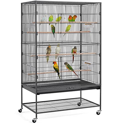 Yaheetech großer Vogelkäfig mit 4 Holzstangen und 360° Rollen, Vogelvoliere mit 2 Türen und schmutzwanneneinsatz 56x93x153 cm, Schwarz von Yaheetech