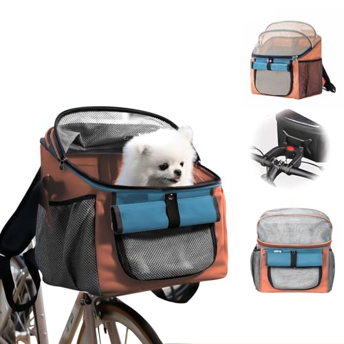 Yallmie Fahrrad Hund Vorne bis zu 5 Kg, 37*27*40cm Faltbare Fahrradkorb Vorne Fahrrad Vorne Korb, Hundekorb Rucksack mit Netzfenster Fahrradkorb Vorne für Kleine Mittlere Hunde und Katzen (Orange) von Yallmie