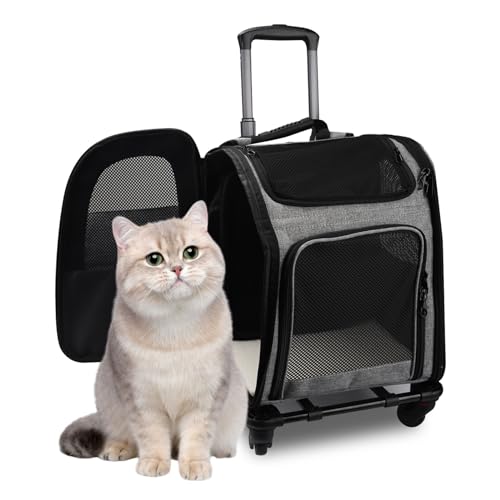 Yallmie 34*29*43cm Hundebuggy Klein Faltbar, Hunderucksack bis 15kg mit Rollen 360° Drehbar, 3 in1 Hundewagen Hundebox Transporttasche Katzenwagen mit Taschen und Netzfenster für kleine Hunde und Katz von Yallmie