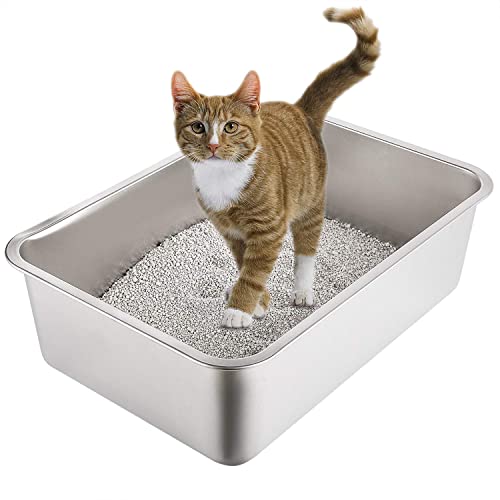 Yangbaga Edelstahl Katzentoilette Katzenklo in 60x 40x 15 cm Groß, robuste Katzentoilette, Nicht leicht zu verzerren, Kaninchentoilette, Toilette für großes Häschen und große Katze (Silber) von Yangbaga