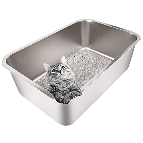 Yangbaga Edelstahl Katzentoilette Katzenklo in 50x 35x 20 cm Groß, robuste Katzentoilette, Nicht leicht zu verzerren, Kaninchentoilette, Toilette für großes Häschen und große Katze (Silber) von Yangbaga