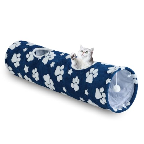 Yaning Gerader Katzentunnel für Indoor-Katzen, 119,4 x 30,5 cm, niedliches Katzenspielzeug, zusammenklappbarer Tunnel mit Bällen für Welpen, Kätzchen, Kaninchen, blaue Pfote von Yaning