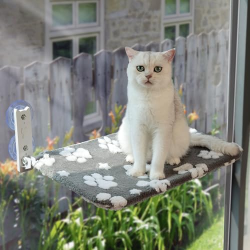 Yaning Katzenfensterstange, faltbare Katzenfensterhängematte mit niedlicher 3D-Strukturpfotenabdeckung und starken Saugnäpfen, schnurloses Katzenfenstersitzbett für Indoor-Katzen (Grau, Groß) von Yaning
