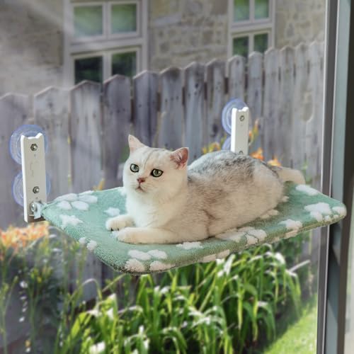Yaning Katzenfensterstange, faltbare Katzenfensterhängematte mit niedlicher 3D-Strukturpfotenabdeckung und starken Saugnäpfen, schnurloses Katzenfenstersitzbett für Indoor-Katzen (Grün, Groß) von Yaning