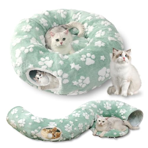 Yaning Katzentunnel für Indoor-Katzen, niedliche Peekaboo-Höhle mit baumelnden Bällen, Haustier-Donut-Tunnelbett mit Kreismatte für Welpen, Kätzchen, Kaninchen, Grün von Yaning