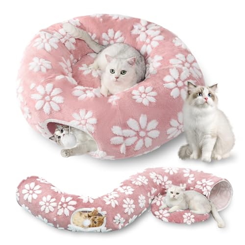 Yaning Katzentunnel für Indoor-Katzen, niedliche Peekaboo Katzenhöhle mit baumelnden Bällen, Haustier-Donut-Tunnelbett mit Kreismatte für Welpen, Kätzchen, Kaninchen, rosa Blume von Yaning