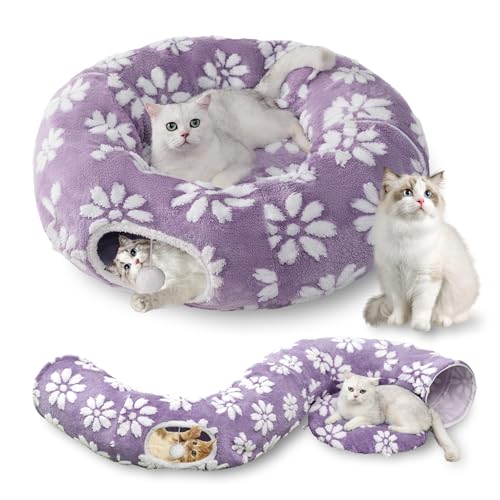 Yaning Katzentunnel für Indoor-Katzen, niedlicher Peekaboo Katzenhöhle Spieltunnel mit baumelnden Bällen, Haustier-Donut-Tunnelbett mit Kreismatte für Katze, Welpen, Kätzchen, Kaninchen, Lila von Yaning