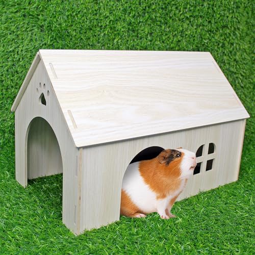 YankMooM Meerschweinchenhaus aus Holz, 40 x 24 x 26 cm, großes Meerschweinchenversteck aus Holz, Hamsterhaus, Baby-Kaninchenversteck kleines Haustierhaus mit Fenstern für Meerschweinchen, Kaninchen, von YankMooM
