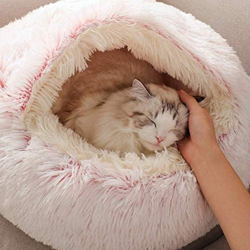 Flauschiges weiches Katzenbett, rundes Katzensofa, bequeme Höhle mit Kapuze, Katzenbett, warmes Haustiernest, Welpenschlafkissen, Winter, warmes Plüsch-Kätzchenbett, waschbar von Yanman