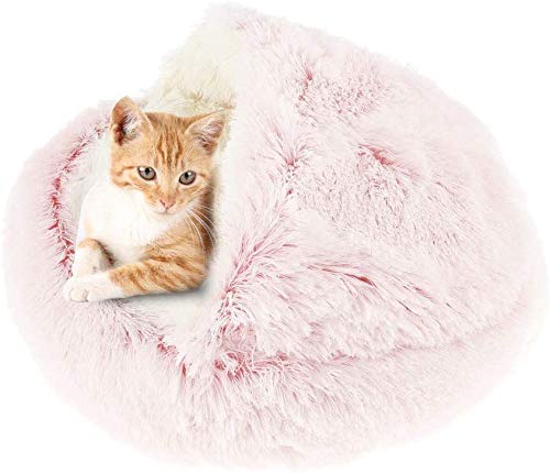 Weiches Plüsch-Katzenbett, rund, mit Kapuze, für den Winter, warmes Schlafkissen für Katzen und Welpen, rutschfestes Schlafsofa von Yanman