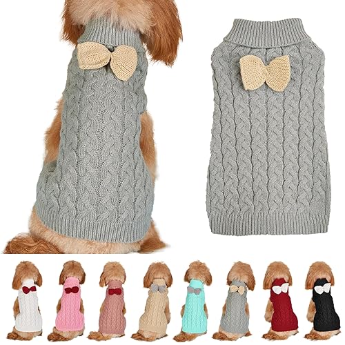 Hundepullover Weste Hund Rollkragenpullover Schleife Stricken Kleine Hundepullover Warme Hunde Winterkleidung Pullover Hundemantel Weihnachtskostüm für Hunde Katzen (Grau, L) von Yanmucy