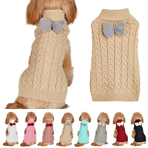 Hundepullover Weste Hund Rollkragenpullover Schleife Stricken Kleine Hundepullover Warme Hunde Winterkleidung Pullover Hundemantel Weihnachtskostüm für Hunde Katzen (Khaki, L) von Yanmucy