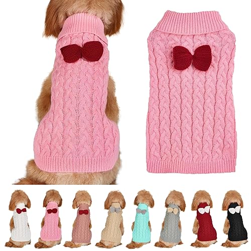 Hundepullover Weste Hund Rollkragenpullover Schleife Stricken Kleine Hundepullover Warme Hunde Winterkleidung Pullover Hundemantel Weihnachtskostüm für Hunde Katzen (Rosa, M) von Yanmucy