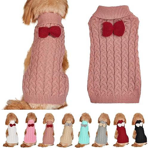 Hundepullover Weste Hund Rollkragenpullover Schleife Stricken Kleine Hundepullover Warme Hunde Winterkleidung Pullover Hundemantel Weihnachtskostüm für Hunde Katzen (Rose Rosa, M) von Yanmucy