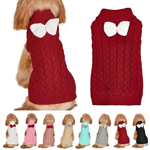 Hundepullover Weste Hund Rollkragenpullover Schleife Stricken Kleine Hundepullover Warme Hunde Winterkleidung Pullover Hundemantel Weihnachtskostüm für Hunde Katzen (Rot, L) von Yanmucy