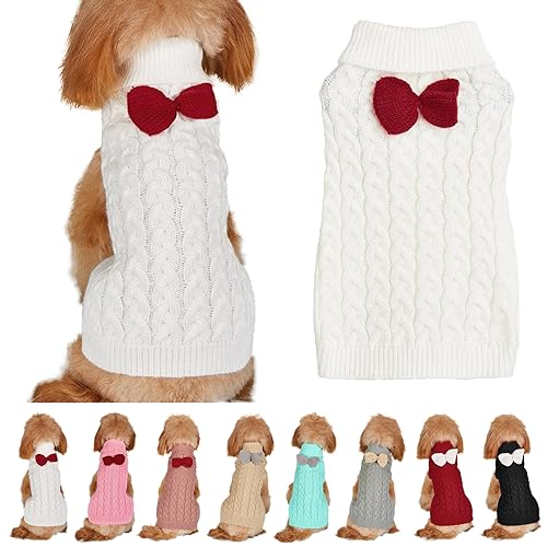 Hundepullover Weste Hund Rollkragenpullover Schleife Stricken Kleine Hundepullover Warme Hunde Winterkleidung Pullover Hundemantel Weihnachtskostüm für Hunde Katzen (Weiß, M) von Yanmucy