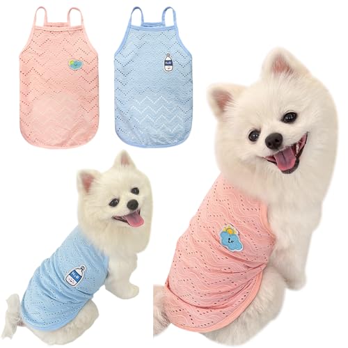 Yanmucy 2 Stück Hunde-Sommerkleidung, niedliche Stickerei, gestreift, Tank-Top, Weste, atmungsaktiv, ärmelloses Shirt für kleine Hunde und Katzen (Rosa + Blau, Größe XL) von Yanmucy