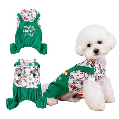 Yanmucy Hundepullover für Weihnachten, vierbeinig, Fleece, für kaltes Wetter, Kostüm für kleine, mittelgroße Hunde, Katzen (grüne Latzhose, L) von Yanmucy