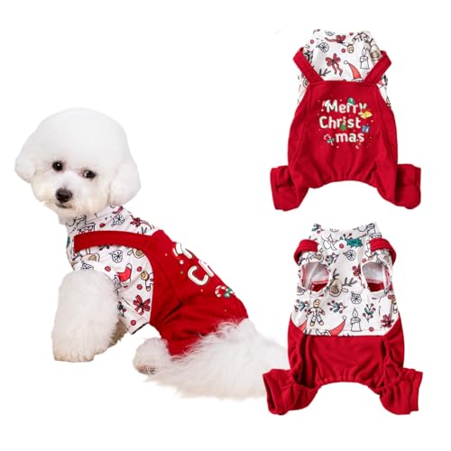 Yanmucy Hundepullover für Weihnachten, vierbeinig, Fleece, für kaltes Wetter, Kostüm für kleine, mittelgroße Hunde und Katzen (rote Latzhose, Größe L) von Yanmucy