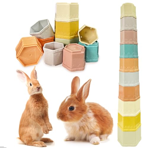 Yanmucy Stapelbecher für Kaninchen, bunt, verschiedene Größen, Hasen-Puzzle-Spielzeug, Kunststoff-Futterspender für kleine Haustiere, lindert Langeweile, 10 Stück von Yanmucy