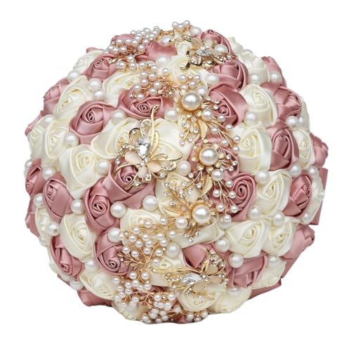 Yanonug Handmade Bride Holding Bouquet Ribbon Rose Bouquet Pearl Butterfly Diamond Bridesmaid Bouquet Wedding Accessories(Pink Milk 21cm) von Yanonug