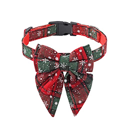 Yanshe Weihnachts-Halsband mit Schneeflocken-Schleife, kariert, Haustier-Zubehör für kleine, mittelgroße und große Hunde, Katzen, rote und grüne Schneeflocken, S von Yanshe