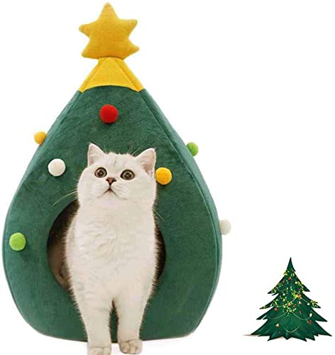 Yanyan Katzenbett, Weihnachtsbett, Katzenzelt, Baumform, waschbar, Weihnachtsmütze, abnehmbar, für Katzen, kleines Hundebett, 60 x 42 x 40 cm von Yanyan