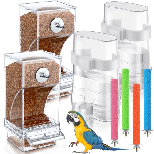 Yaomiao 4 x Vogelfutterspender mit 4 x Käfig-Sitzstangen, automatisch, transparent, für Sittiche, Samen, Wachtelfutterspender und bewässerte Käfige, Zubehör für Lovebirds Sittiche, Kanarienvögel von Yaomiao