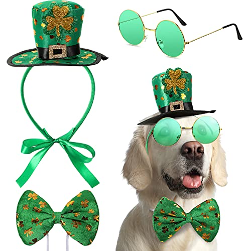 Yaomiao St. Patrick's Day Hundekostüm, St. Patty's Day, Hunde-Stirnband, grüne, runde PET-Sonnenbrille und grüne Kleeblatt-Fliege für mittelgroße und große Hunde, 3-teiliges Set von Yaomiao