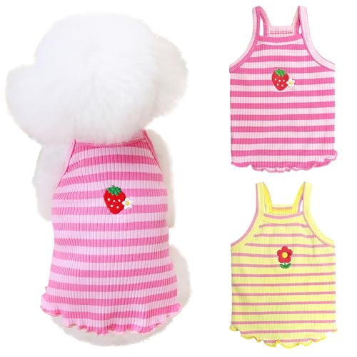 Yaopelky 2 Stück kleine mittelgroße Hunde Sommerkleidung Hund gestreiftes Hemd niedliche Blume Erdbeere Stickerei Weste Haustier Outfit für Chihuahua Yorkie Teddy (Rosa-Gelb, M) von Yaopelky