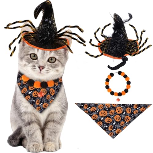 Yaopelky 3-teiliges Hunde-Halloween-Kostüm, lustige Spinne, Zauberer, Hut, Kürbis, Teufel, Hund, Bandana und Halskette, Set für Hunde, Katzen, Haustier, Halloween-Zubehör, Partyzubehör (schwarz) von Yaopelky