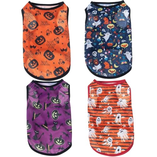 Yaopelky Halloween-Hunde-Shirts, Kürbis-Geist-Muster, Urlaubs-Hundekleidung für kleine, mittelgroße Hunde, Katzen, Kostüm-Outfits (Halloween, Größe XL (4–6 kg), 4 Stück von Yaopelky