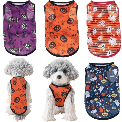 Yaopelky Halloween-Hunde-Shirts, Kürbis-Geist-Muster, Urlaubs-Hundekleidung für kleine, mittelgroße Hunde, Katzen, Kostüm-Outfits (Halloween, S M(2-3kg), 4er-Pack von Yaopelky