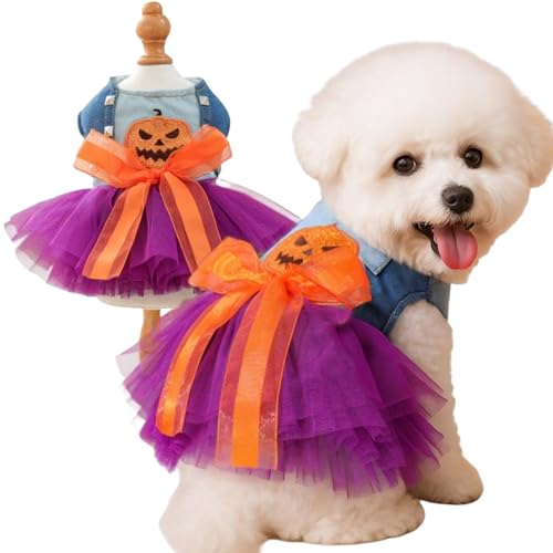 Yaopelky Halloween-Tutu-Kleid für Hunde, Urlaubskleidung für kleine und mittelgroße Haustiere, Kürbismuster, Katzen-Outfits mit Denim-Top, violetter Tüllrock mit orangefarbener Schleife Yaopelky Halloween-Tutu-Kleid für Hunde, Urlaubskleidung für kleine und mittelgroße Haustiere, Kürbismuster, Katzen-Outfits mit Denim-Top, violetter Tüllrock mit orangefarbener Schleife von Yaopelky